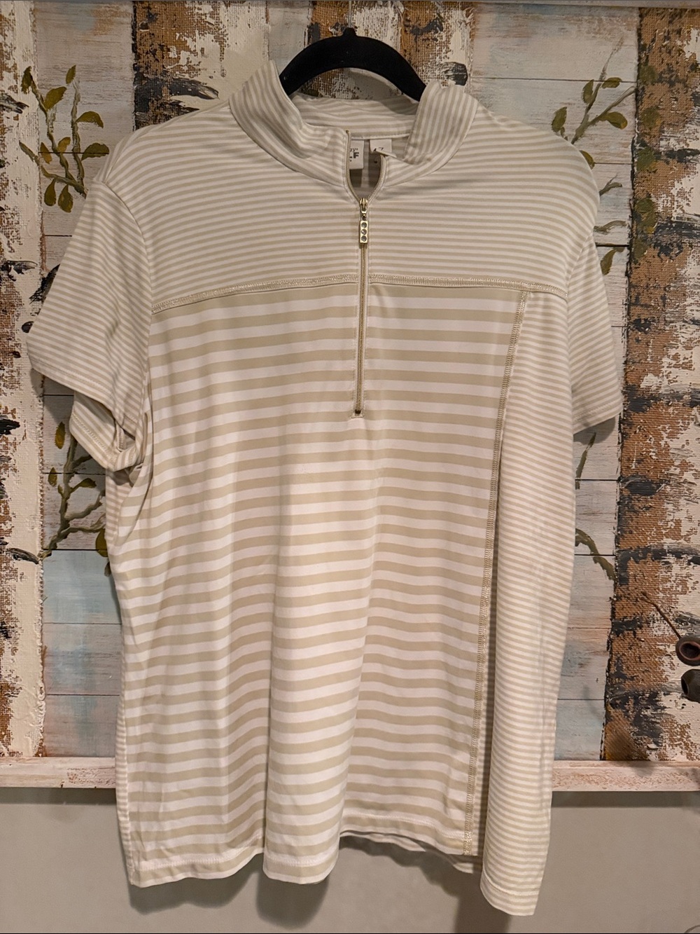 Chico's Cream and White Striped Half-Zip Short Sleeve Top